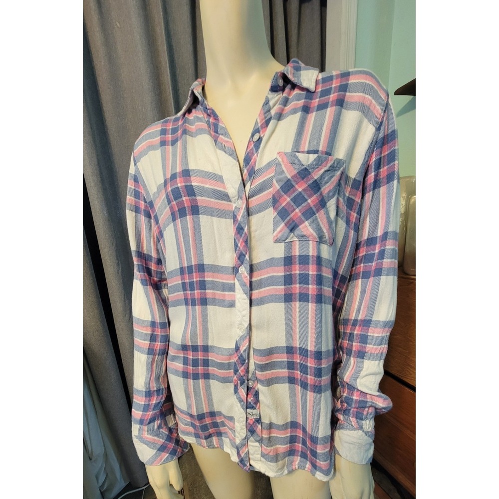 Rails Hunter Plaid Shirt Womens Small‎ White Sky Blue Pink Rayon Long Sleeve